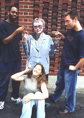 C.C.S. students Alex Buffenn, Karen Ostipow and Chris Brown with Joy.