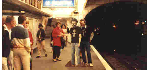 Jim Pallas with his hitch hiker on he Paris Metro tplatform